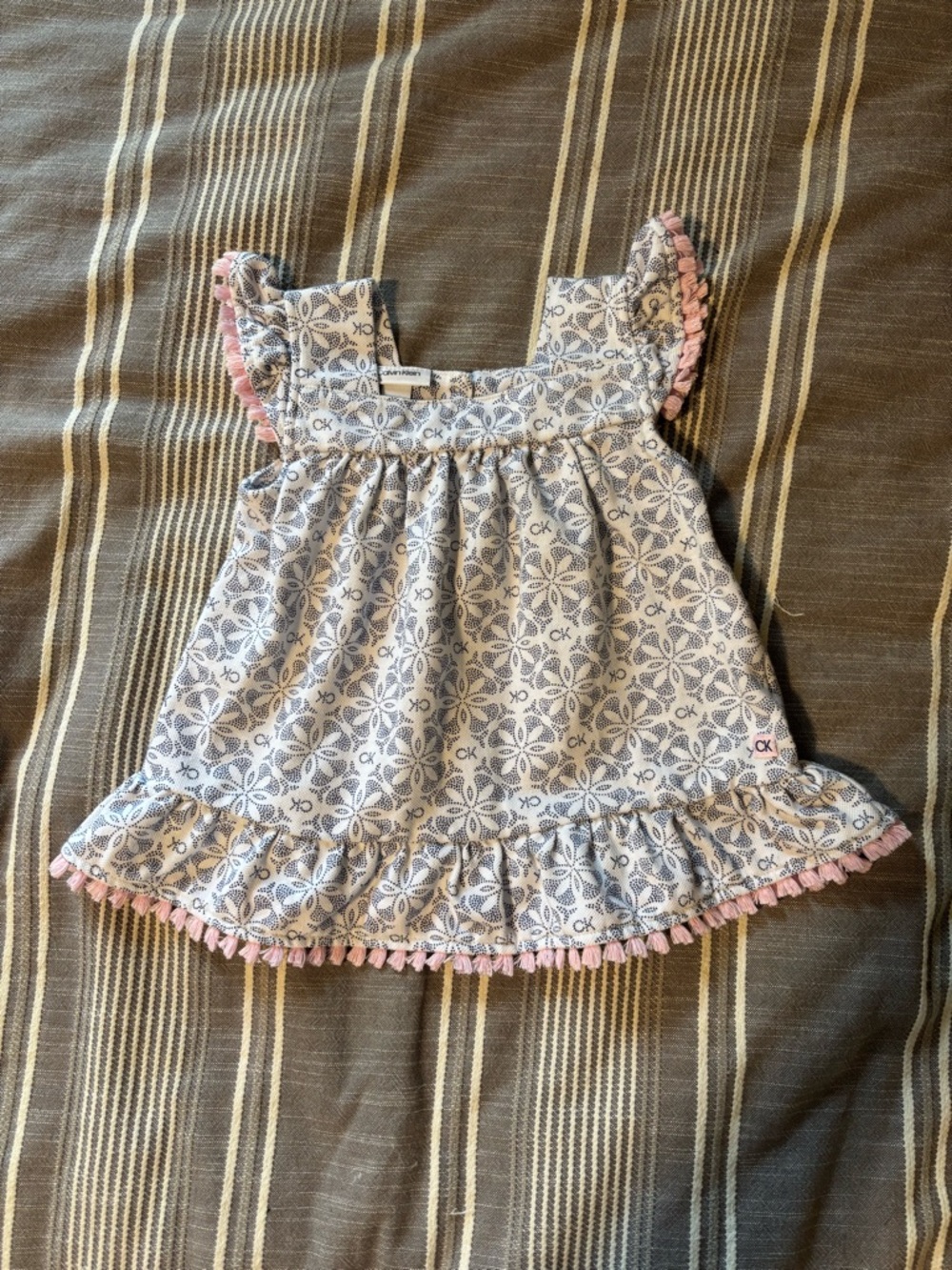 Calvin Klein White and Blue Floral Ruffle Tank with Pink Trim